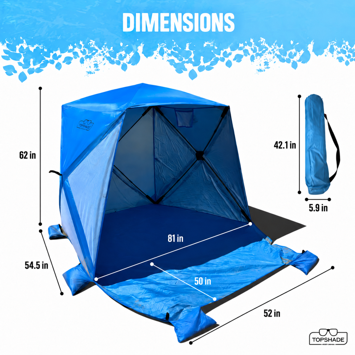 TopShade Aerodome tent and carry bag dimensions in inches