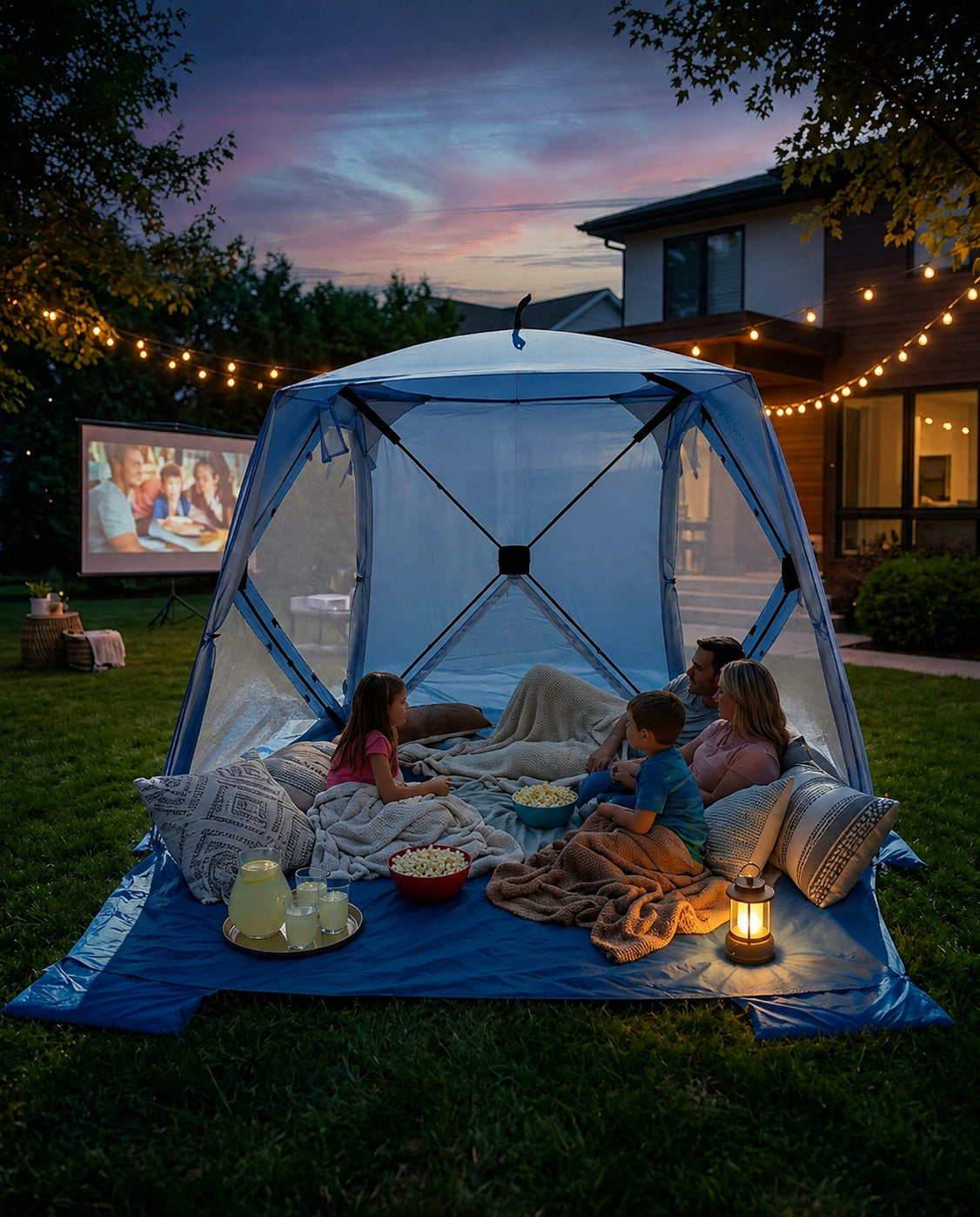 TopShade Aerodome beach tent set up for a movie night