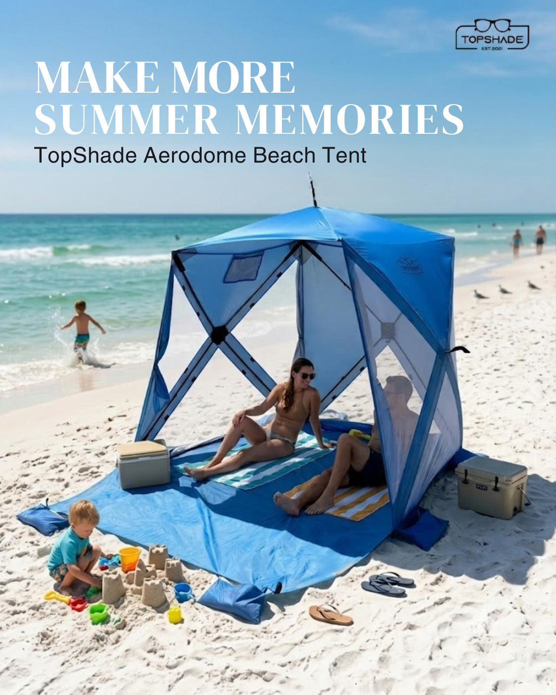 TopShade Aerodome beach tent set up on the beach