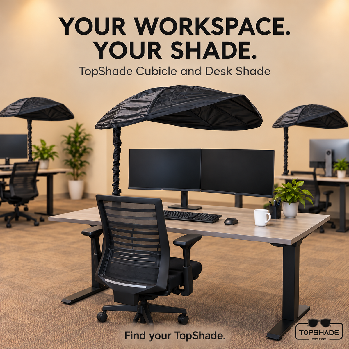 Your workspace. Your shade. TopShade Cubicle and Desk Shade office display