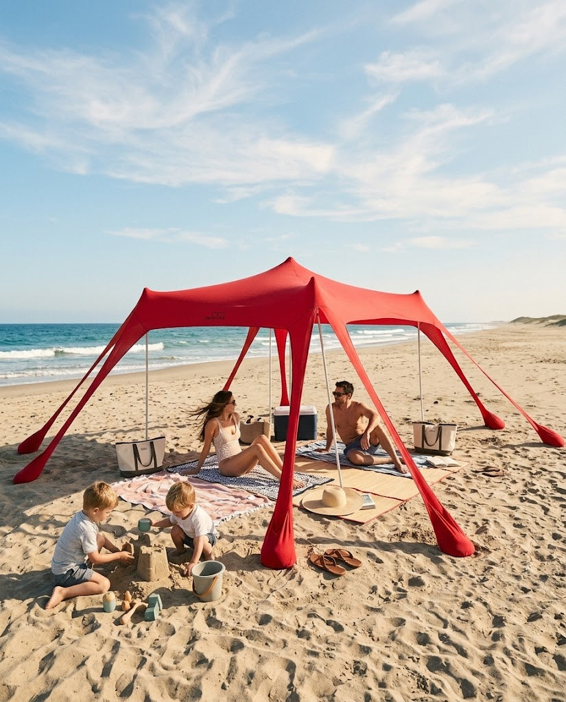 TopShade eight-bag beach tent set up in castle mode with raised center