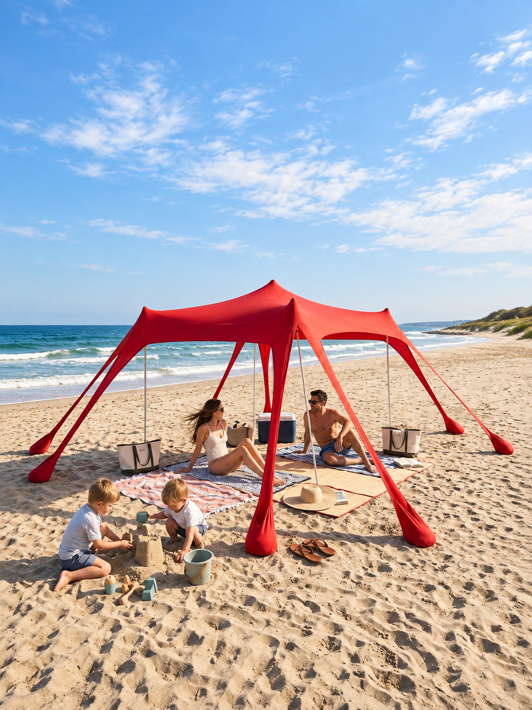 Red beach canopy beside the ocean