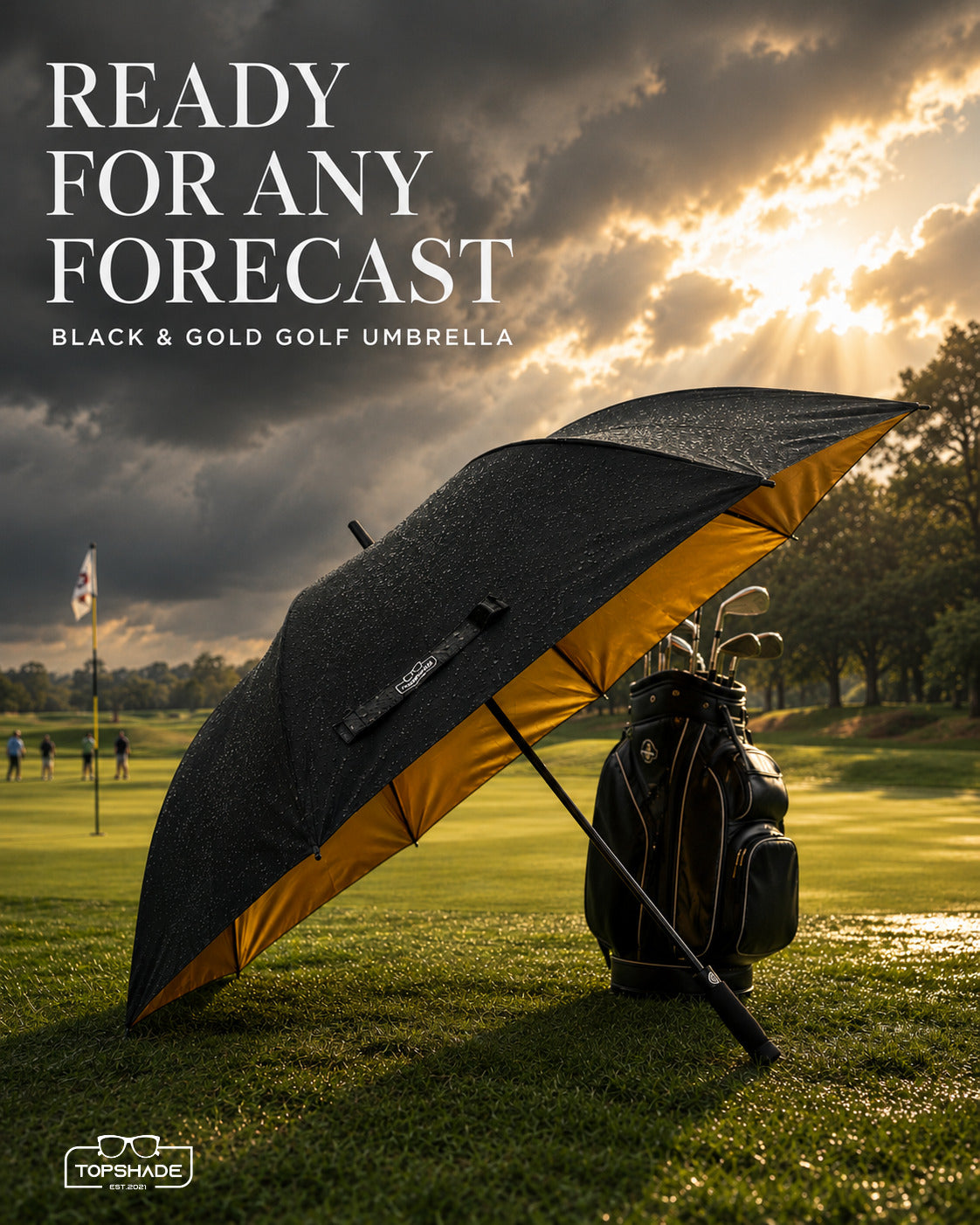 TopShade Black & Gold 60-inch golf umbrella, lifestyle photo