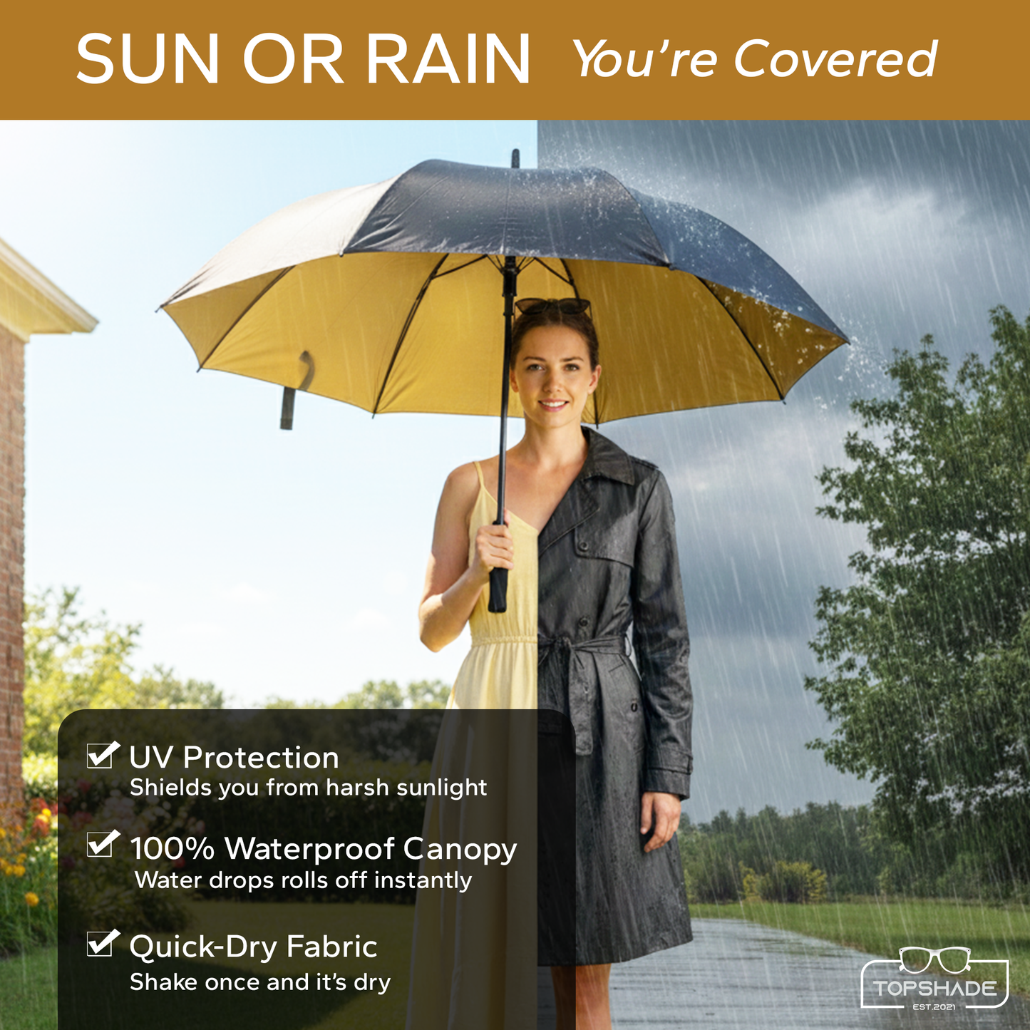 Black and Gold 60-inch Golf Umbrella with UV protection