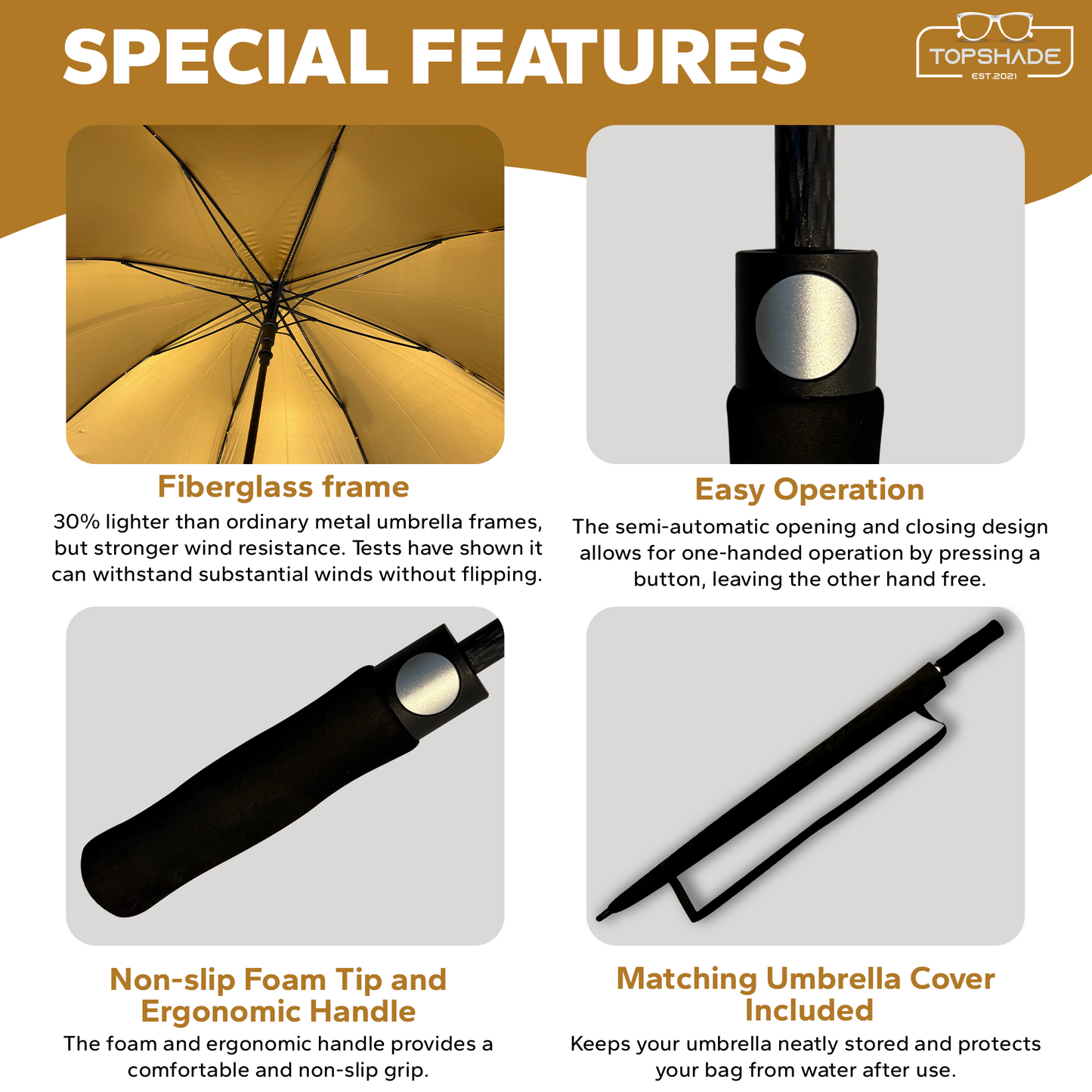 Black and Gold 60-inch Golf Umbrella with UV protection